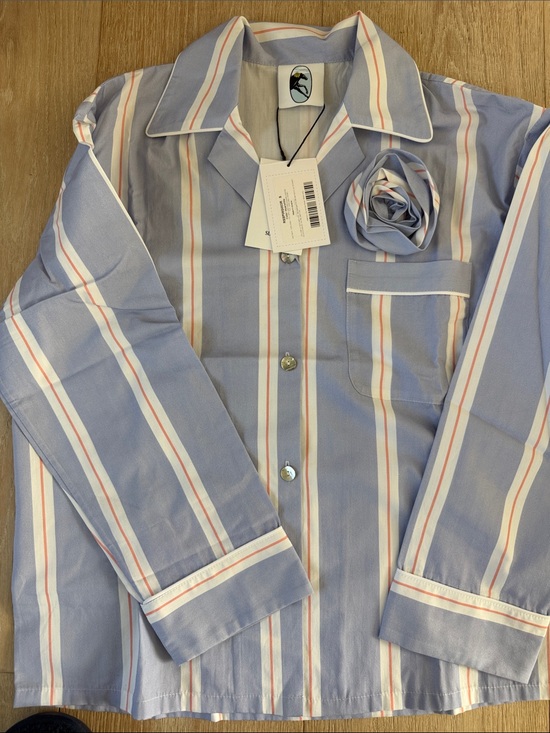 Sleeper Other - Sleeper Light Blue Striped Button-Down Shirt and pants with Lapel Flower